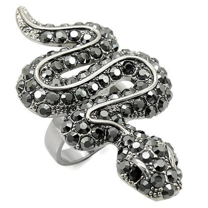 Turquoise Tiger Ruthenium Brass Ring with Jet crystal top grade crystal, showcasing a sleek design and polished finish.