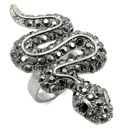 Turquoise Tiger Ruthenium Brass Ring with Jet top-grade crystal, showcasing a sleek design and shiny finish.