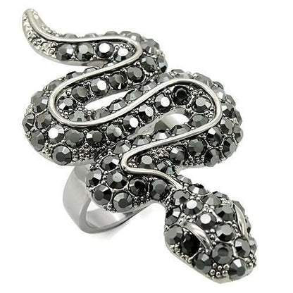 Turquoise Tiger Ruthenium Brass Ring with Jet top-grade crystal, showcasing a sleek design and shiny finish.
