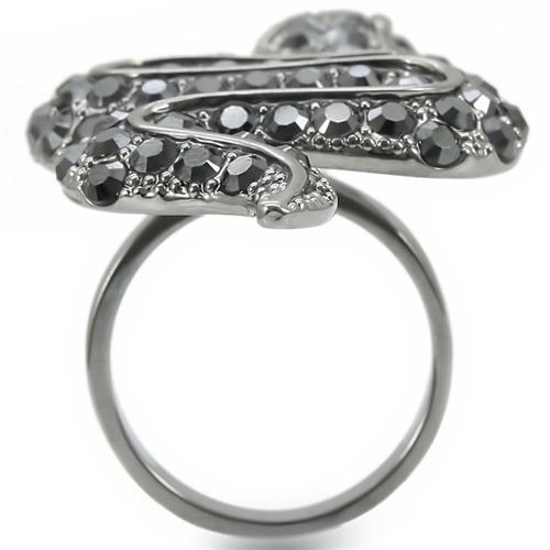Turquoise Tiger Ruthenium Brass Ring with a top-grade jet crystal, featuring a sleek band and polished finish.