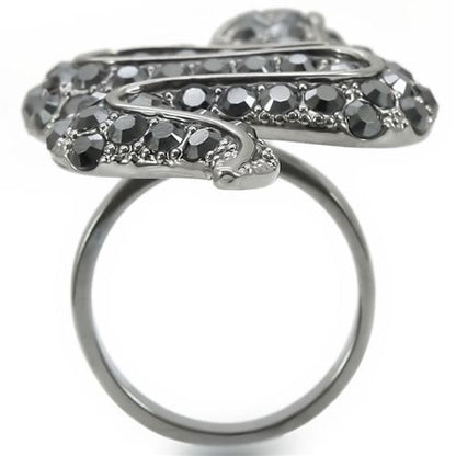 Turquoise Tiger Ruthenium Brass Ring with a top-grade jet crystal, featuring a sleek band and polished finish.