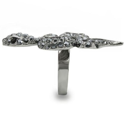 Turquoise Tiger Ruthenium Brass Ring with Jet Crystal, featuring a sleek band and a large top-grade crystal centerpiece.
