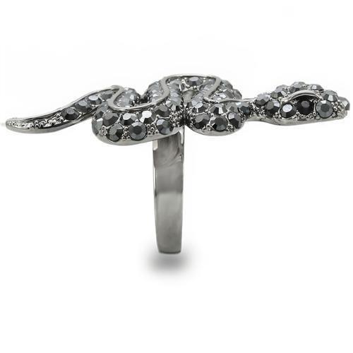 Turquoise Tiger Ruthenium Brass Ring featuring a top grade Jet crystal, showcasing a sleek, modern design with polished finish.