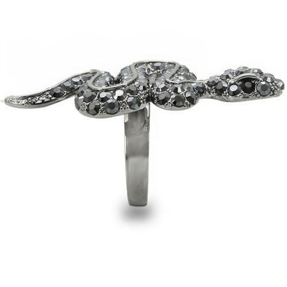 Turquoise Tiger Ruthenium Brass Ring featuring a top grade Jet crystal, showcasing a sleek, modern design with polished finish.