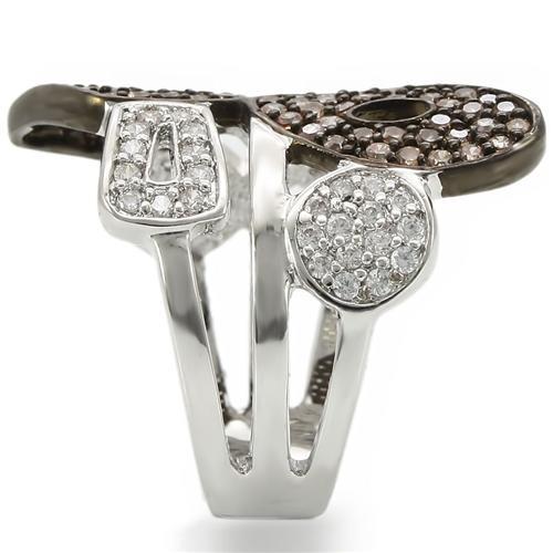 Turquoise Tiger 0W295 rhodium and ruthenium brass ring with AAA grade champagne CZ, featuring a sleek band and intricate design.