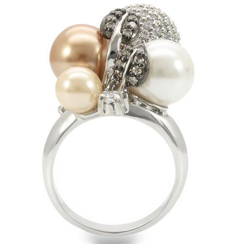Rhodium and ruthenium brass ring with a synthetic pearl in multicolor, featuring intricate design and polished finish by Turquoise Tiger.