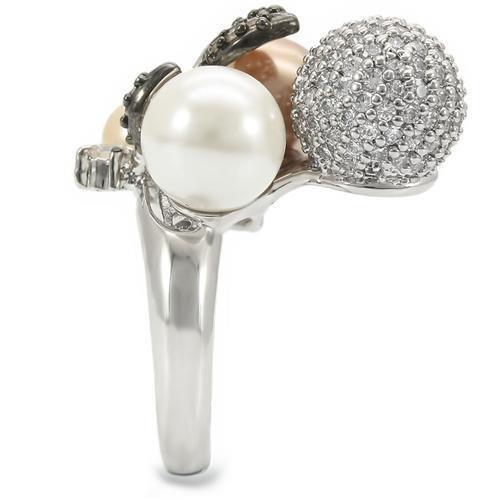 Rhodium and ruthenium brass ring with synthetic pearl in multi-color, stylish jewelry piece from Turquoise Tiger.