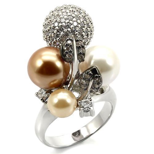 Turquoise Tiger 0W296 rhodium and ruthenium brass ring with synthetic pearl, showcasing a multi-colored design and elegant craftsmanship.