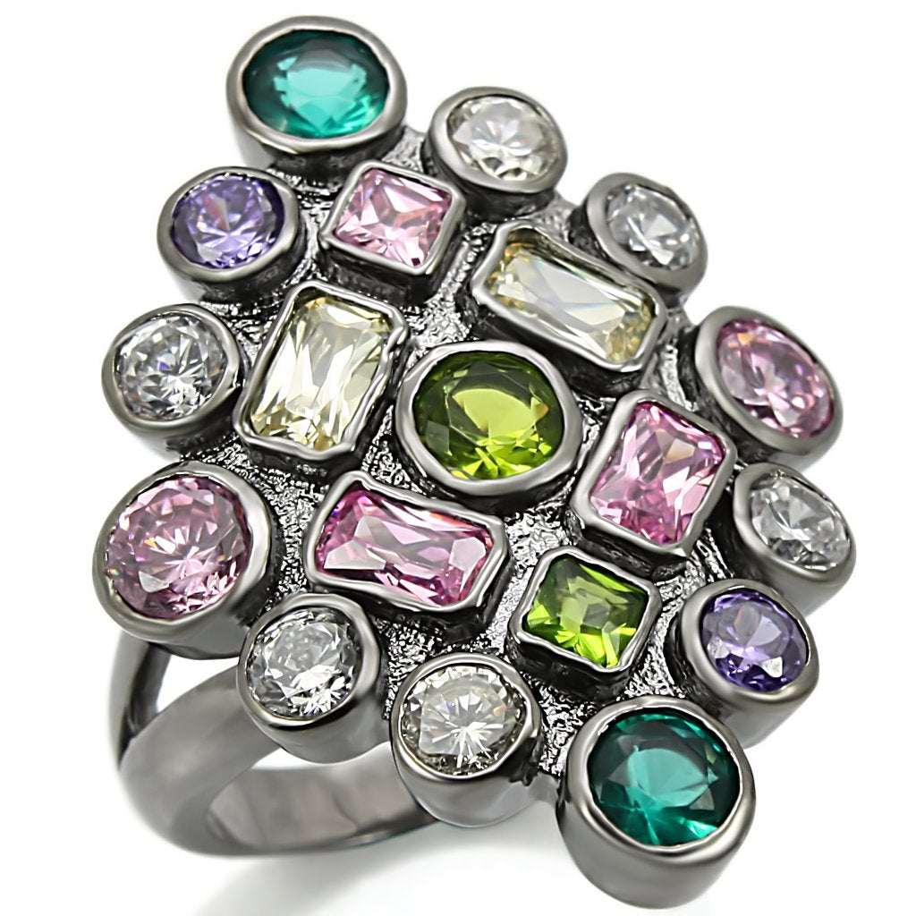 Turquoise Tiger Ruthenium Brass Ring with AAA Grade CZ gemstones in multi-color, showcasing a polished jewelry design.