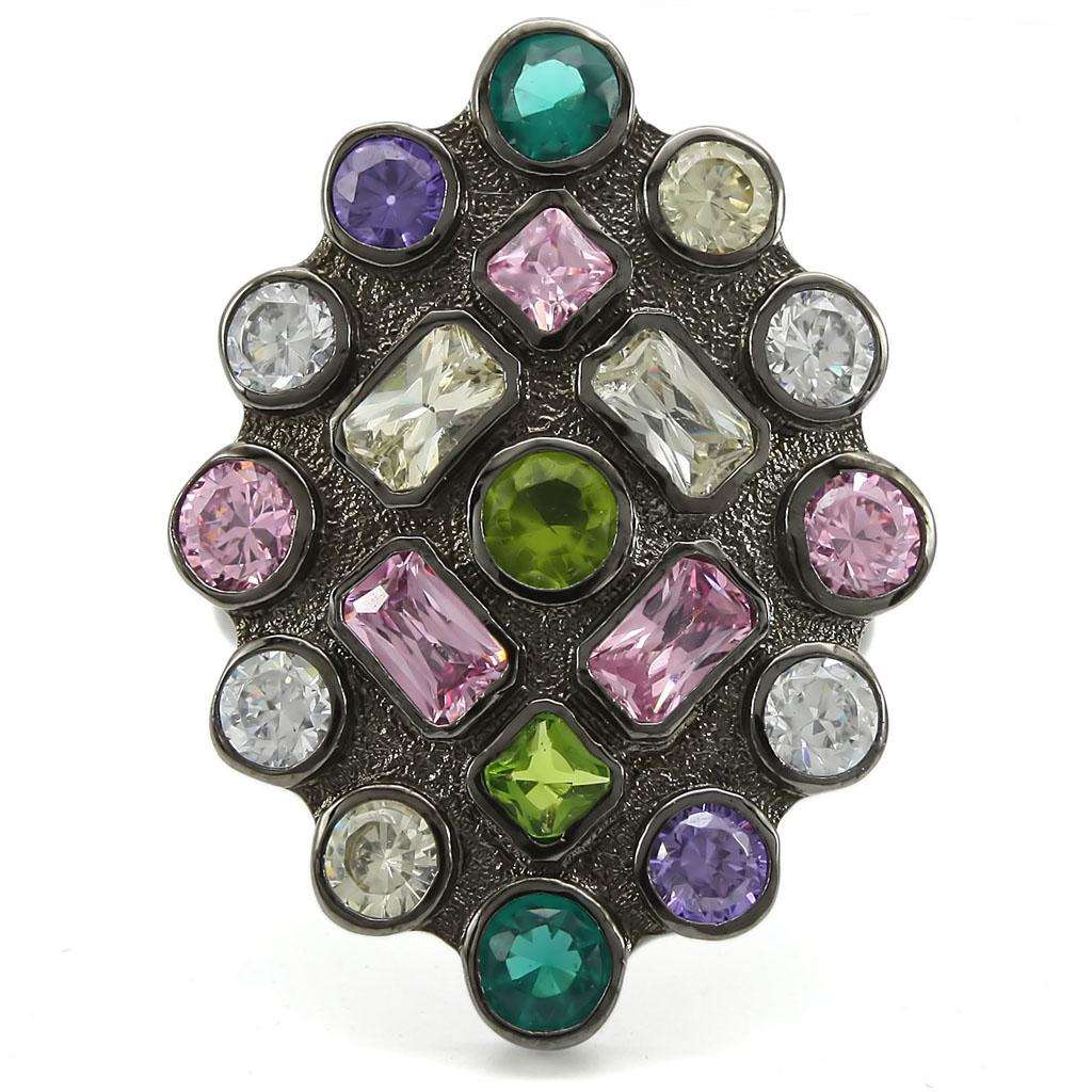 Turquoise Tiger Ruthenium Brass Ring with AAA Grade CZ gemstones in multiple colors, showcasing intricate design and vibrant finish.