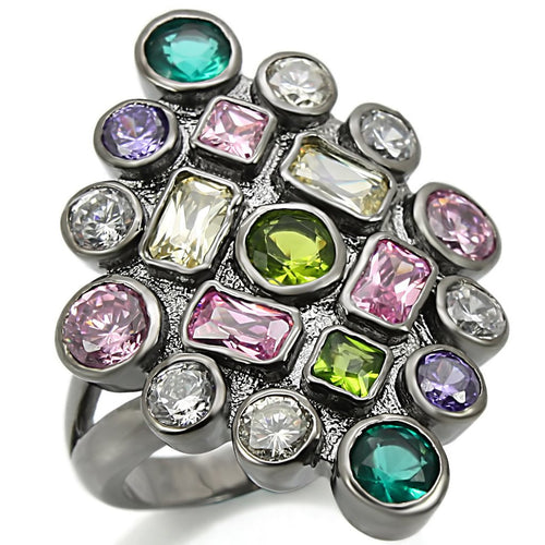 Turquoise Tiger Ruthenium brass ring with AAA grade multi-color cubic zirconia, showcasing a stylish jewelry design.