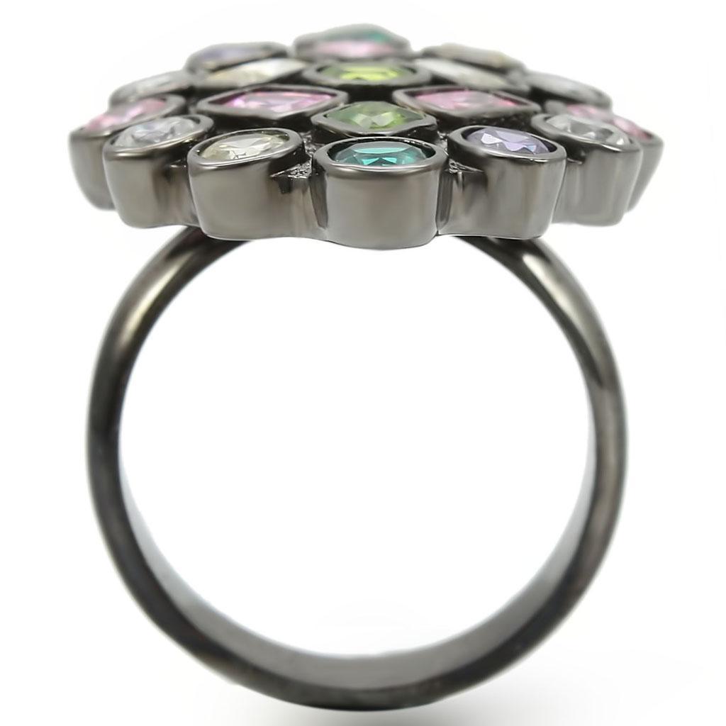 Turquoise Tiger Ruthenium Brass Ring with AAA Grade CZ, featuring multi-color design and intricate band details.