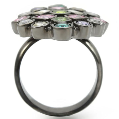 Turquoise Tiger Ruthenium Brass Ring with AAA Grade CZ, featuring multi-color design and intricate band details.