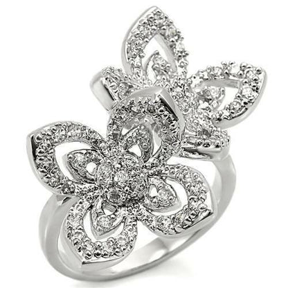 Rhodium brass ring with AAA grade clear cubic zirconia from Turquoise Tiger, showcasing a detailed jewelry design.