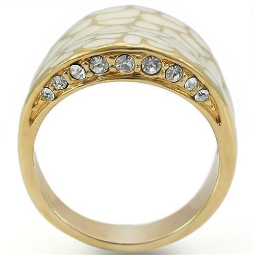 Gold brass ring with clear top-grade crystal, designed by Turquoise Tiger, showcasing a shiny, elegant jewelry piece.