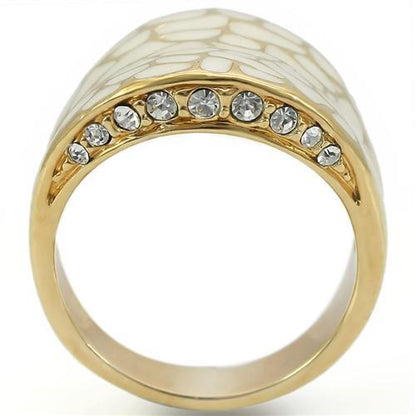 Gold brass ring with clear top-grade crystal, designed by Turquoise Tiger, showcasing a shiny, elegant jewelry piece.