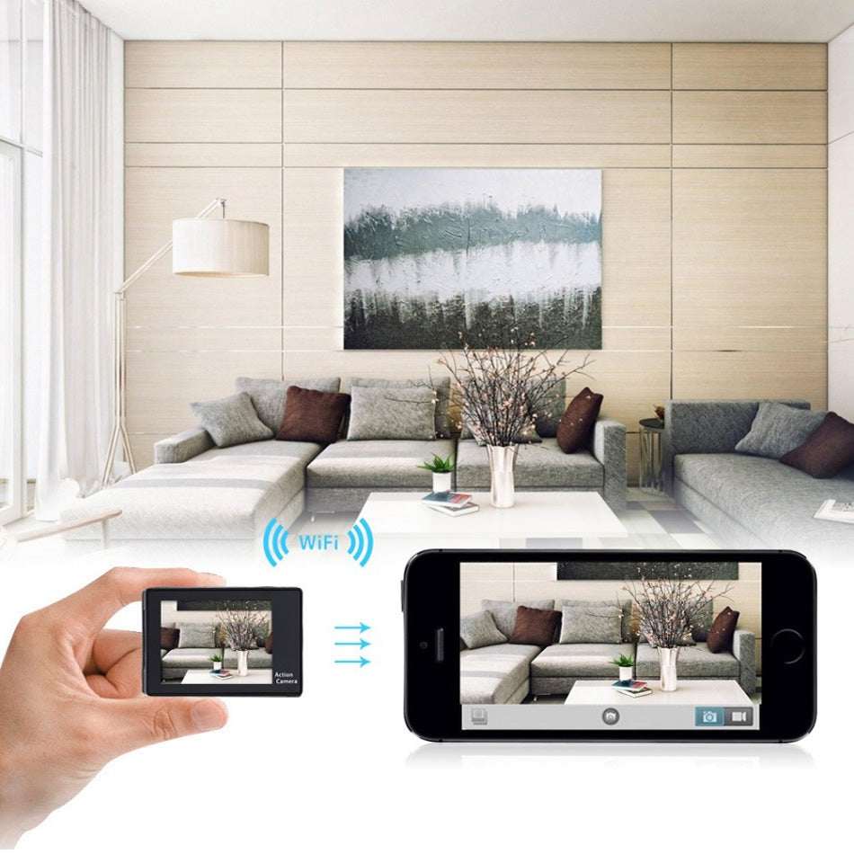 Salmon Lucky 4K waterproof digital UHD WiFi camera with RF remote and accessories, showing camera lens, remote, and cables.