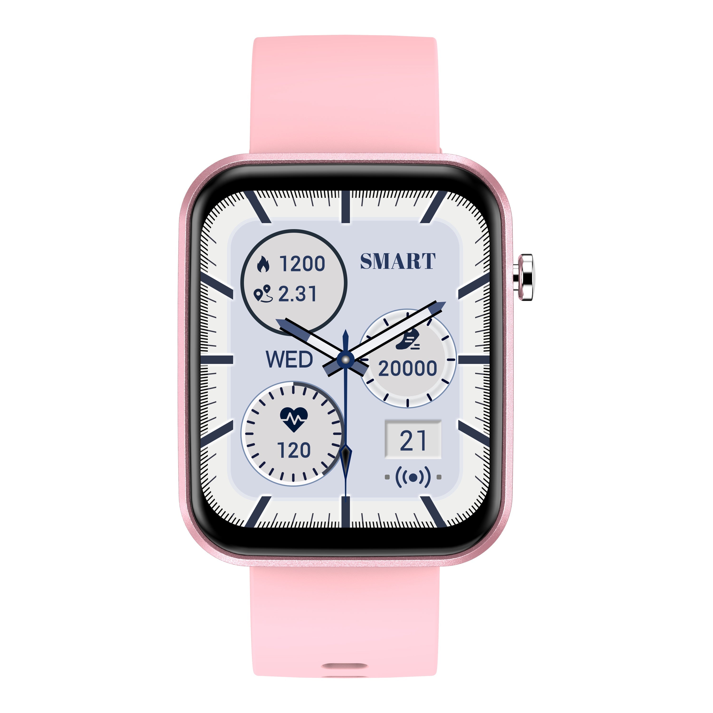 Salmon Lucky advanced smartwatch with three interchangeable bands and wellness activity tracker showing on screen.