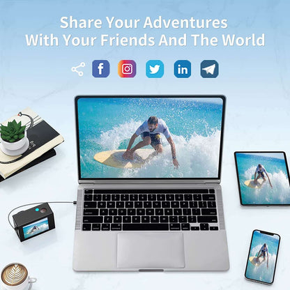 Salmon Lucky 4K waterproof digital UHD WiFi camera with RF remote and accessories, showcasing the camera and remote controls.