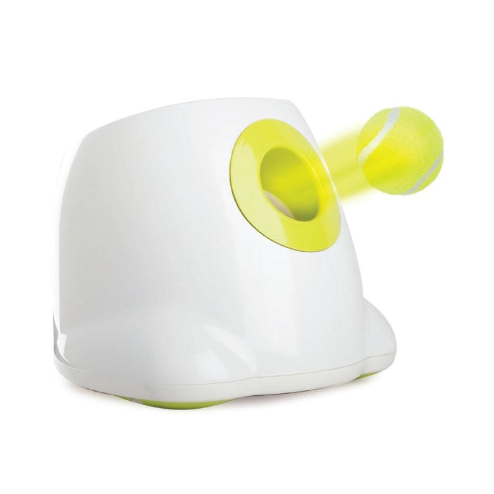Ozdingo Hyper Fetch Maxi dog ball thrower, large interactive pet toy launcher with a ball in a home and garden setting