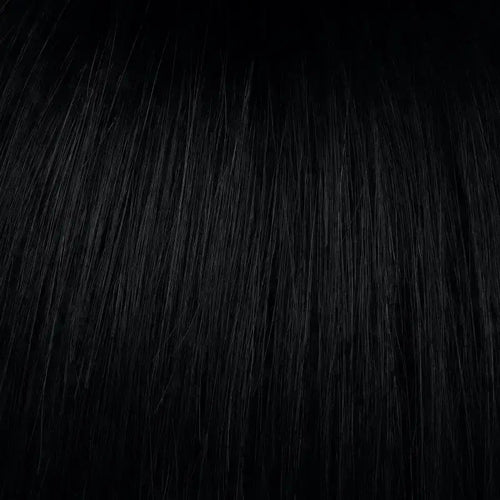 Jet-black Moni bold afro mohawk wig by Peach Clymene featuring kinky curly and afro curly style with voluminous texture.