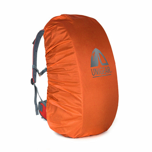 Orange waterproof backpack rain cover by Indigo Eurybia, designed for outdoor sports, fits 10L to 90L backpacks.