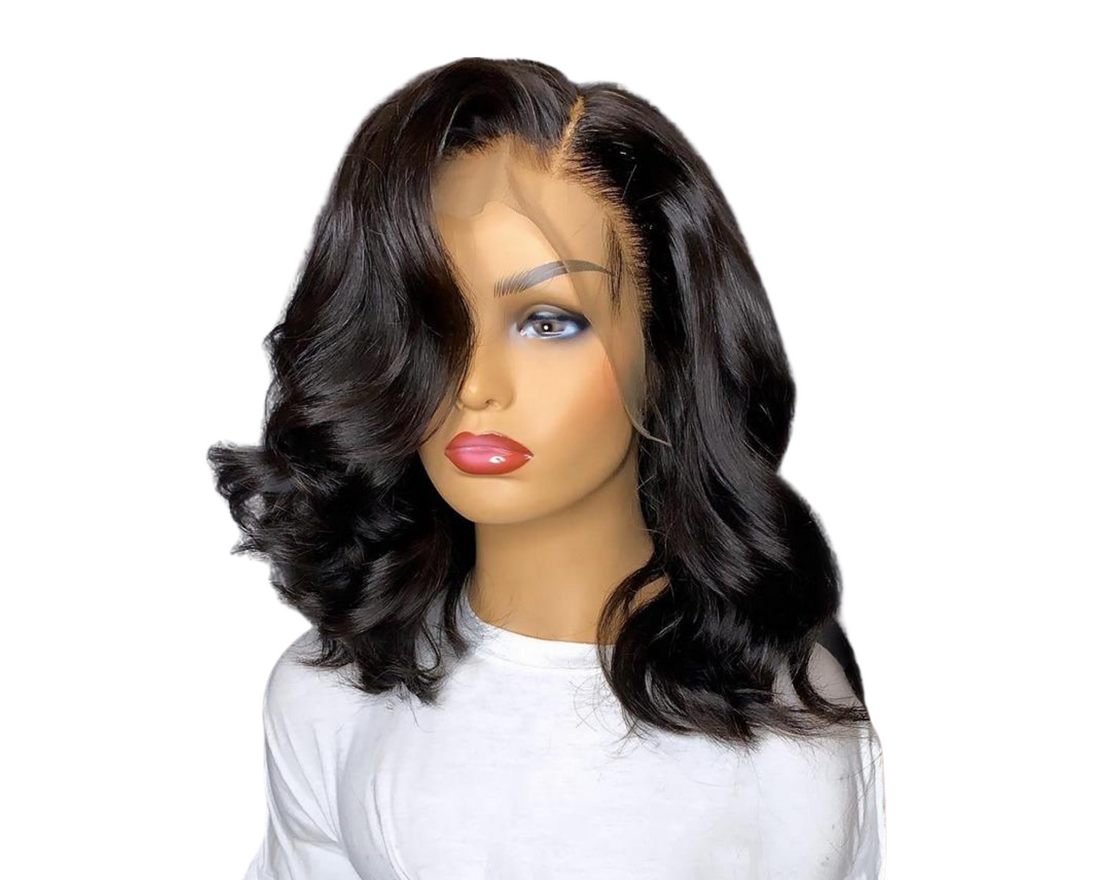 Cerise Alfie 180% density body wave lace front human hair wig with 4x4 short bob and 13x4 lace, natural-looking hair style.