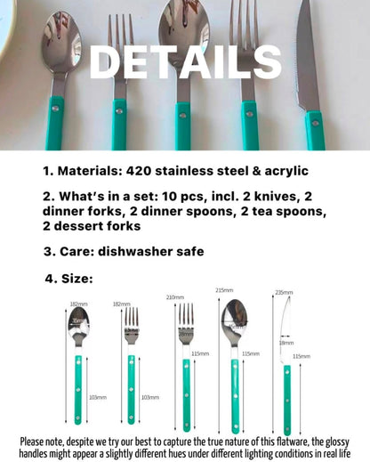 Set of 10 modern French rivet flatware in silver finish, Bistrot style cutlery for home decor and table setting.