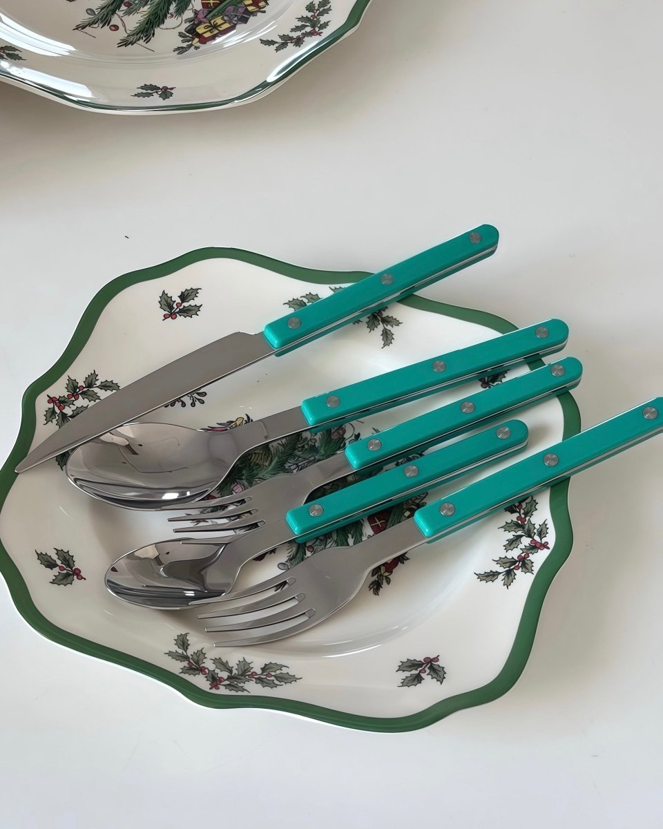 Ten-piece modern French rivet Bistrot style cutlery set by Inspecial Home, includes forks, knives, and spoons in silver finish.