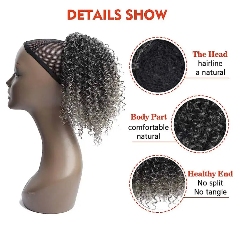 Premium human hair salt and pepper drawstring ponytail wig by Peach Clymene, featuring natural texture and versatile styling.