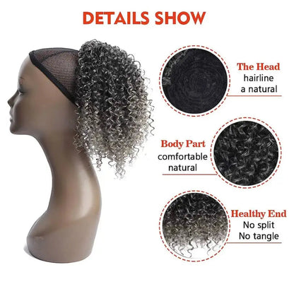 Premium human hair salt and pepper drawstring ponytail wig by Peach Clymene, featuring natural texture and versatile styling.