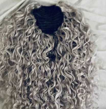 Salt and pepper human hair drawstring ponytail wig by Peach Clymene, featuring natural-looking 100% premium hair and adjustable styling.