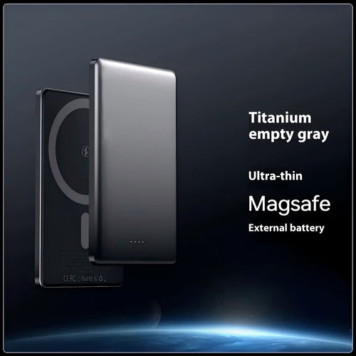 Gray titanium power bank with magnetic shell, portable tech accessory by Gold Penelope, featuring a sleek, lightweight design.
