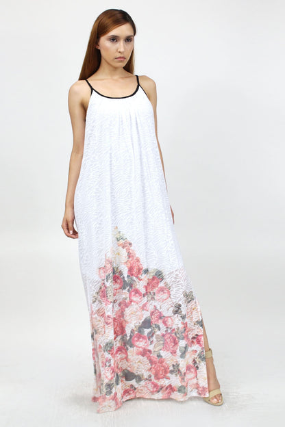 Yellow Hera rose print long dress with side slit, flowing clothing made of lightweight fabric, perfect for elegant casual wear.