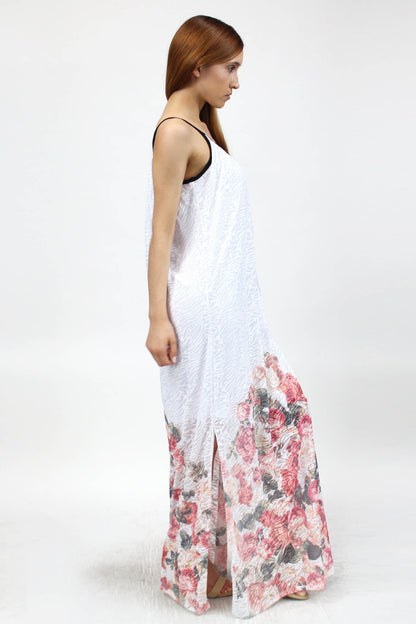 Yellow Hera rose print side slit long dress featuring a flowing silhouette and elegant design, perfect for summer or special occasions.