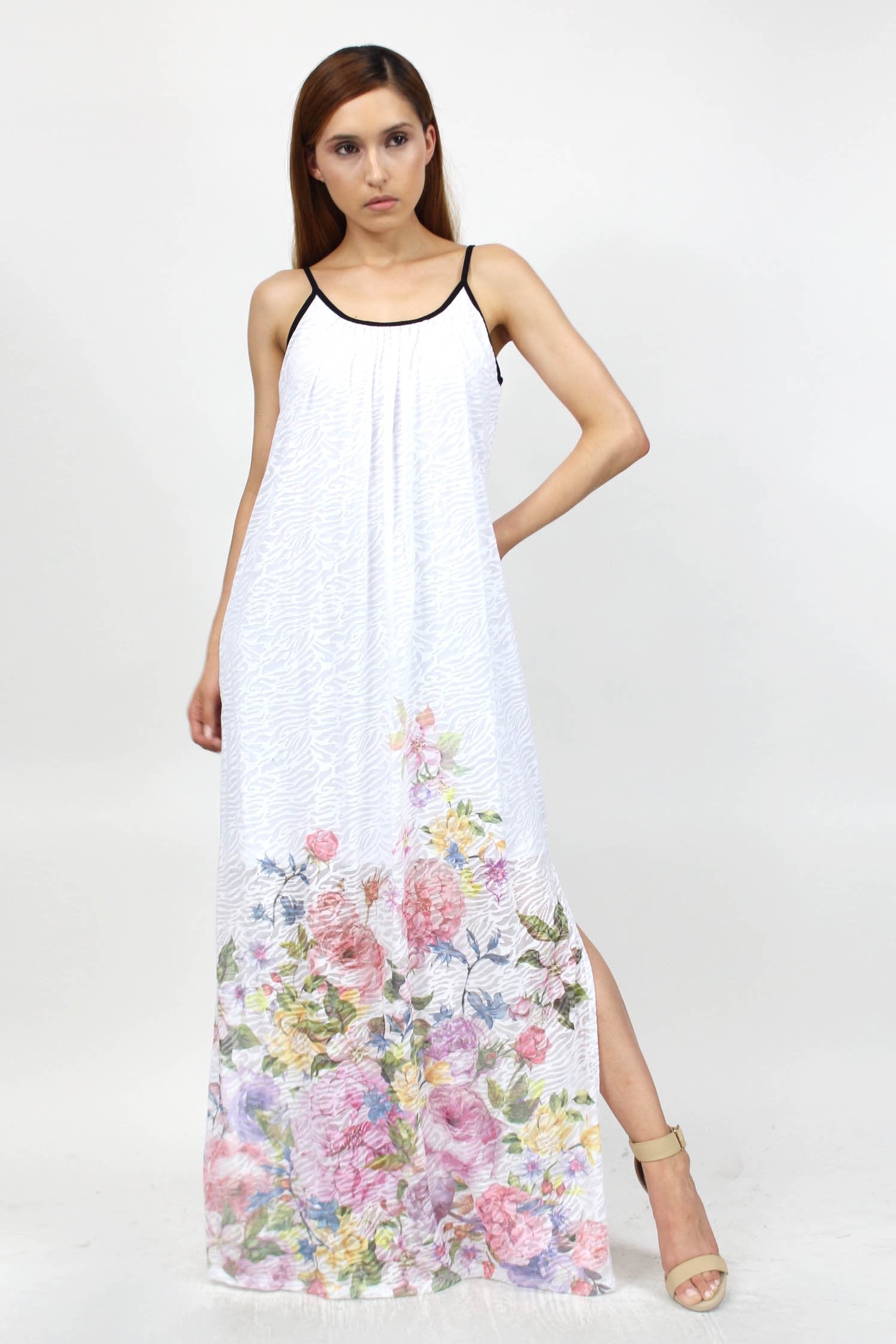 Yellow Hera flower print side slit long dress with elegant floral design and flowing fabric, perfect for summer or casual wear.
