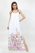 Yellow Hera flower print side slit long dress with elegant floral design and flowing fabric, perfect for summer or casual wear.