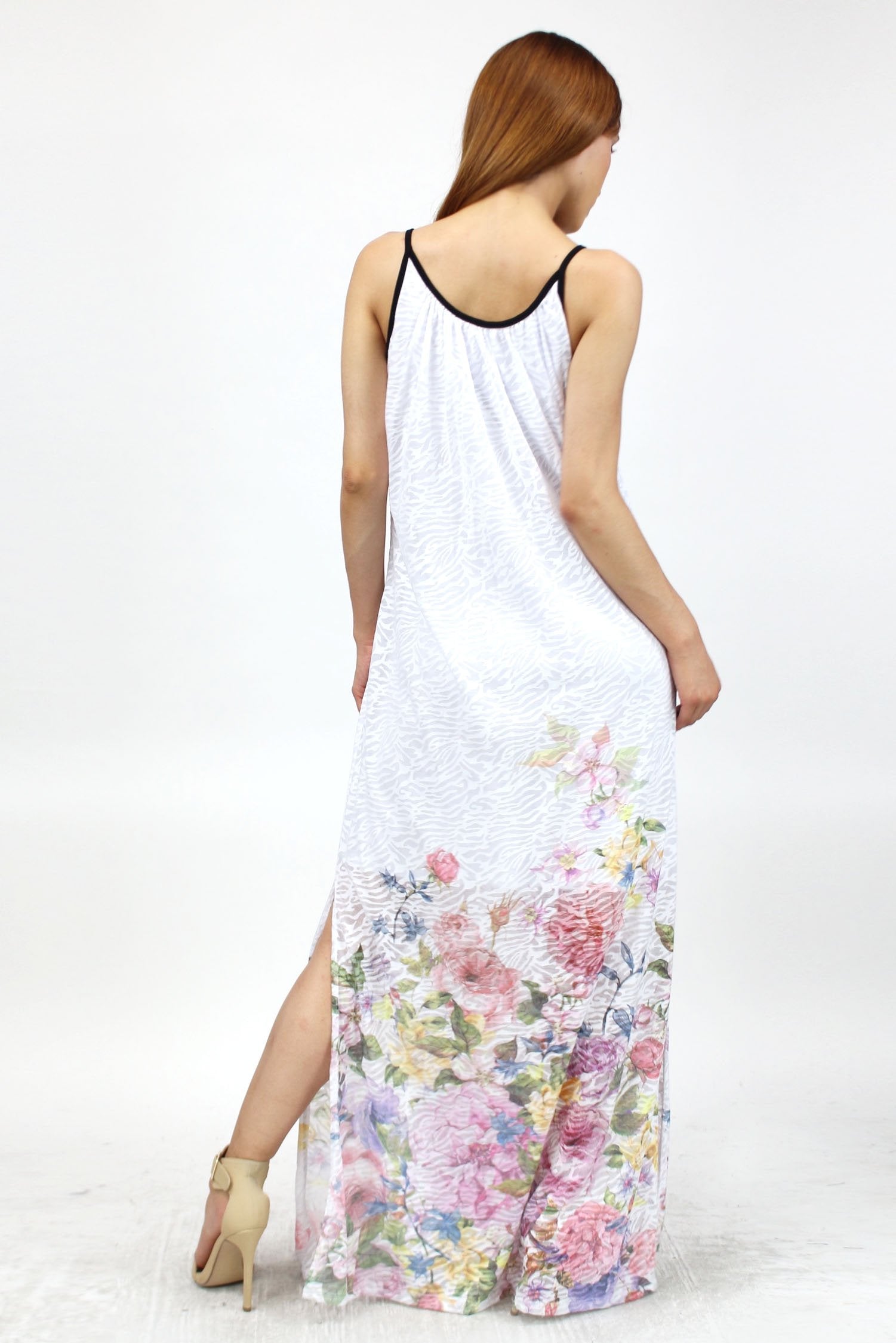Yellow Hera flower print side slit long dress shown with flowing fabric and vibrant floral pattern on a casual summer dress