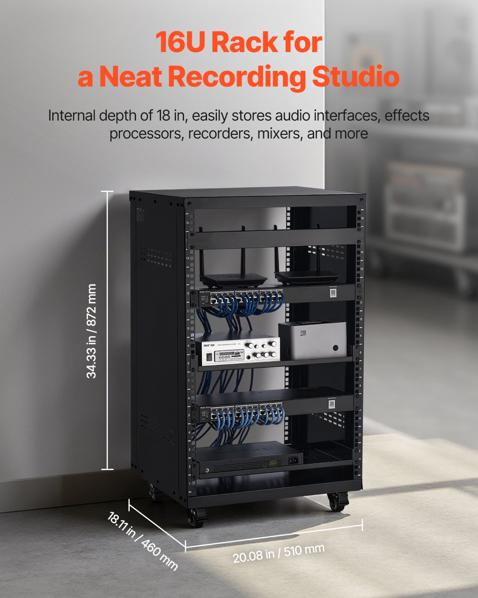 Start2Finish VEVOR 16U AV rack with lockable caster wheels, open frame design, ventilation, for audio, video, and IT equipment.