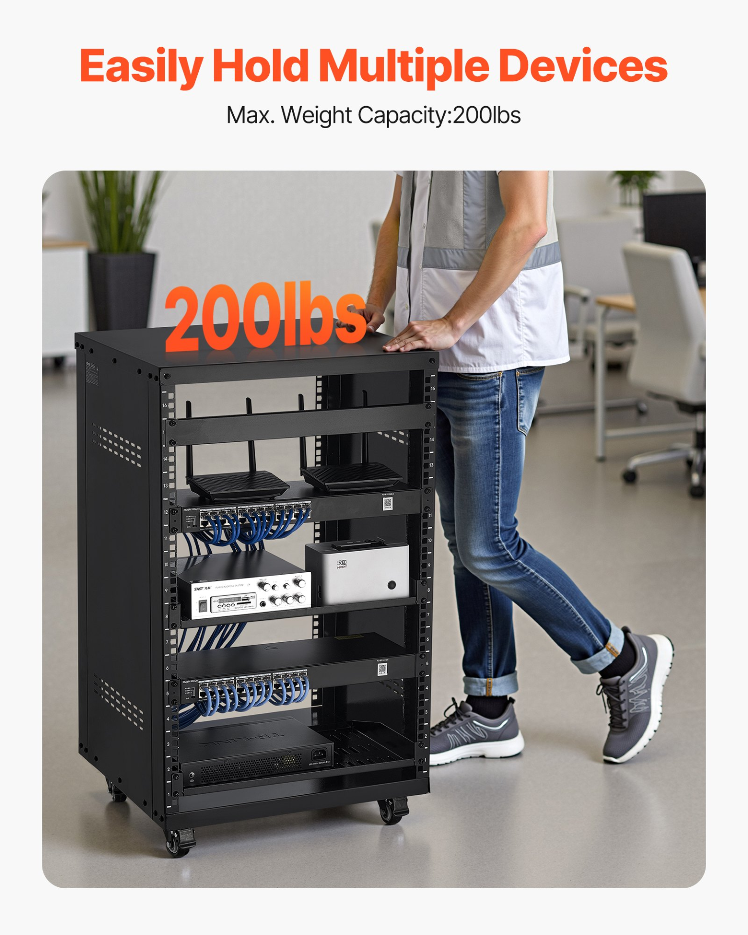 Start2Finish VEVOR 16U AV rack with lockable caster wheels, open frame design, suitable for 19-inch audio, video, and IT equipment.