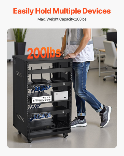 Start2Finish VEVOR 16U AV rack with lockable caster wheels, open frame design, suitable for 19-inch audio, video, and IT equipment.