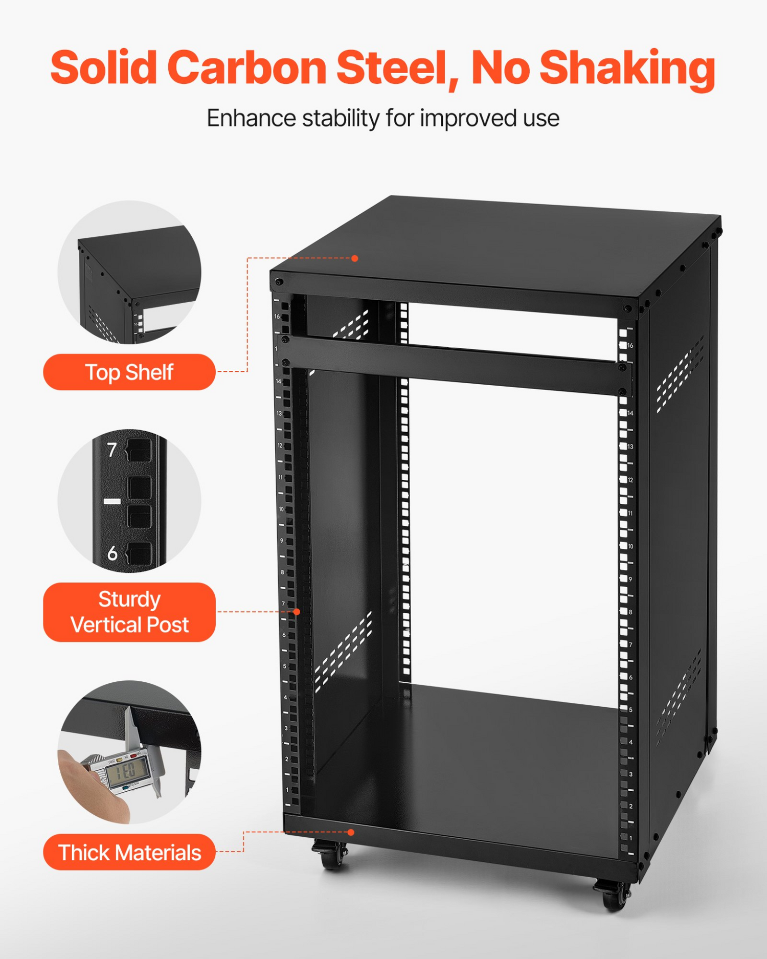 Start2Finish VEVOR 16U AV rack with lockable caster wheels, open frame design, vented for 19-inch audio, video, and IT equipment.