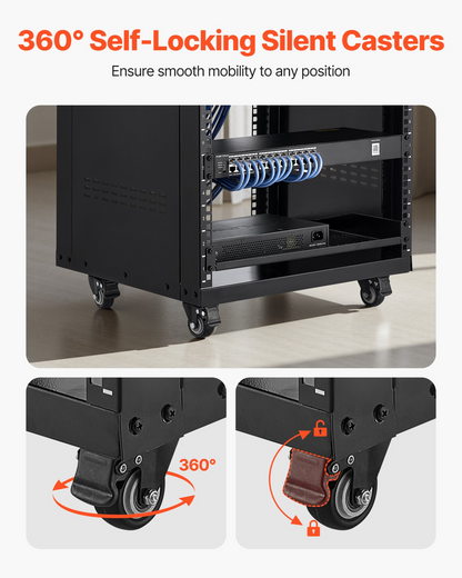 Start2Finish VEVOR 16U AV rack with lockable caster wheels, open frame design, and vented panels for audio, video, and IT equipment.
