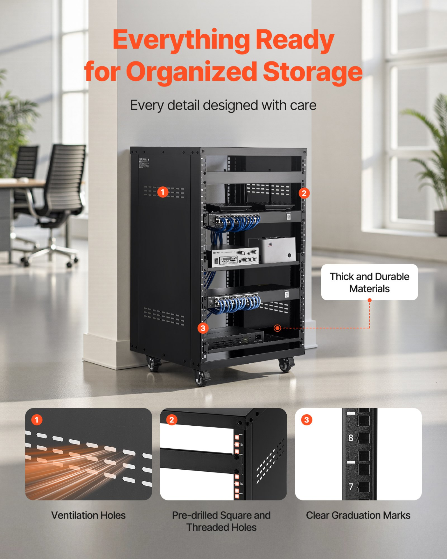 Start2Finish VEVOR 16U AV rack with lockable caster wheels, open frame design for 19-inch audio, video, and IT equipment.