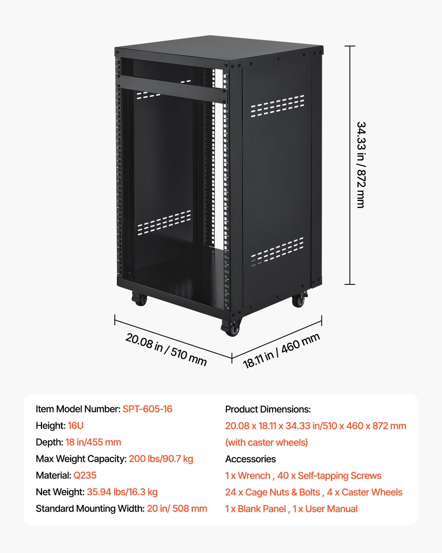 Start2Finish VEVOR 16U AV rack with lockable caster wheels, open frame design, and vented sides for audio, video, and IT equipment.