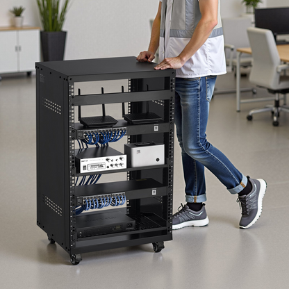 Start2Finish VEVOR 16U AV rack with lockable caster wheels, open frame design, for 19-inch audio, video, music, and IT equipment.
