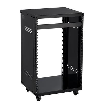 Start2Finish VEVOR 16U AV rack with lockable caster wheels, open frame design, for 19-inch audio, video, and IT equipment.