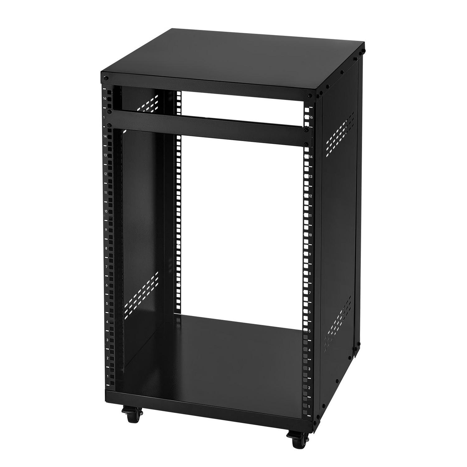 Start2Finish VEVOR 16U AV rack with lockable casters, open frame, vented design, suitable for audio, video, and IT equipment.