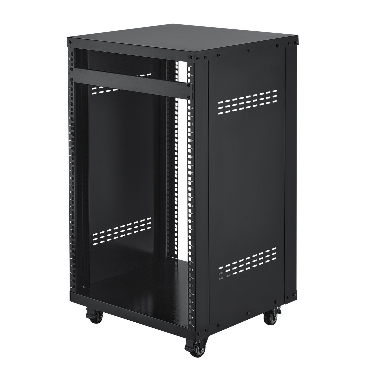 Start2Finish VEVOR 16U AV rack with lockable caster wheels, open frame design, perfect for audio, video, and IT equipment.