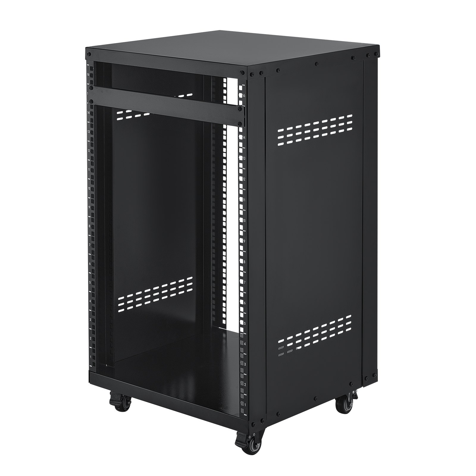 Start2Finish VEVOR 16U AV rack with lockable caster wheels, open frame design, perfect for audio, video, and IT equipment.